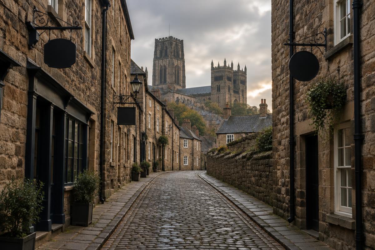 Cobbled Durham street rising towards the cathedral